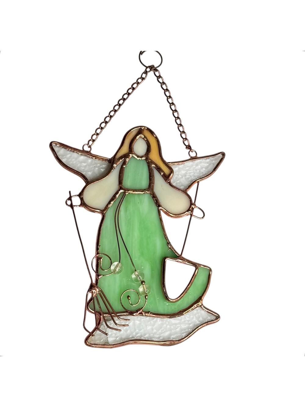 Stained Glass Garden Angel Sun Catcher Window Hanger Ornament 8.5” Gardening